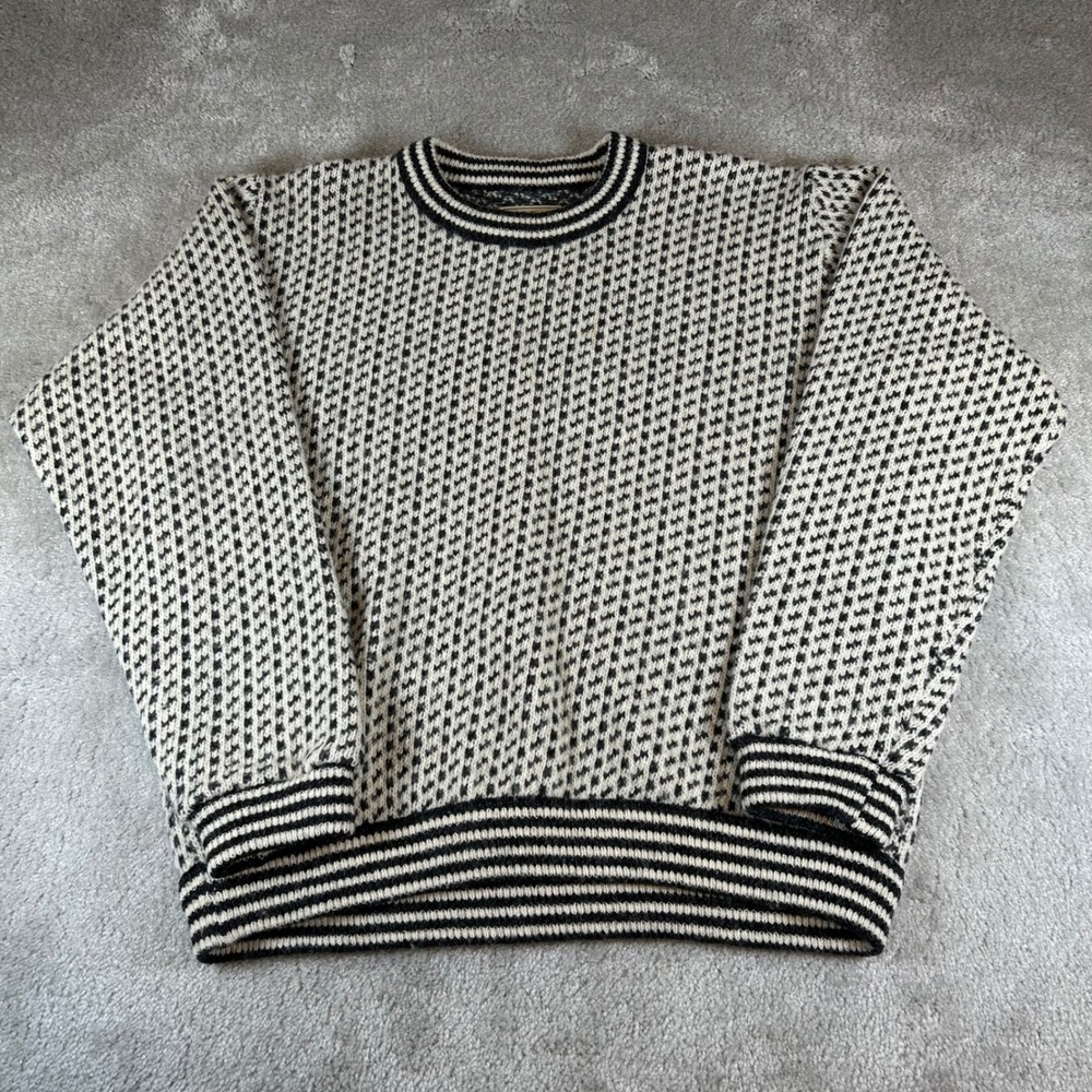 Vintage L.L. Bean Birdseye Sweater Mens XL Cream Navy Wool Blend Made in Norway